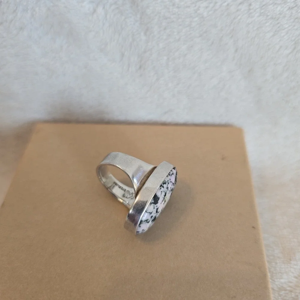Oval Pink And Black Speckled Ring Sterling Silver Earthy Boho-chic